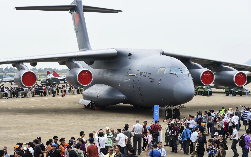 A Chinese Y-20 heavy strategic transport aircraft is displayed at China's International Aviation and Aerospace Exhibition in Zhuhai. 