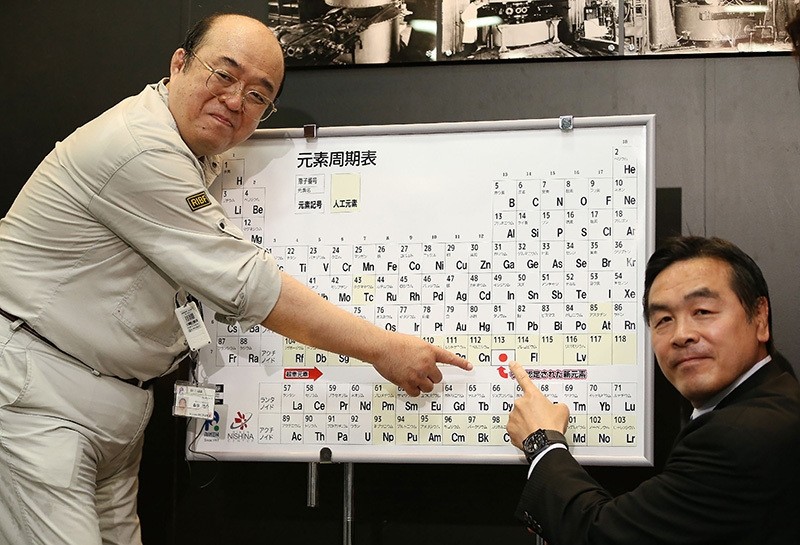 Kosuke Morita (L), who led the team at Riken institute that discovered the superheavy synthetic element, and Hiroshi Hase (R), Minister of Science and Technology, pose with a board displaying the new element 113. (AFP Photo)