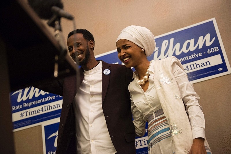 Ilhan Omar, candidate for State Representative for District 60B in Minnesota, with her husband Ahmed Hirisi, arrives for her victort party on election night, November 8, 2016 in Minneapolis, Minnesota. (AFP Photo)