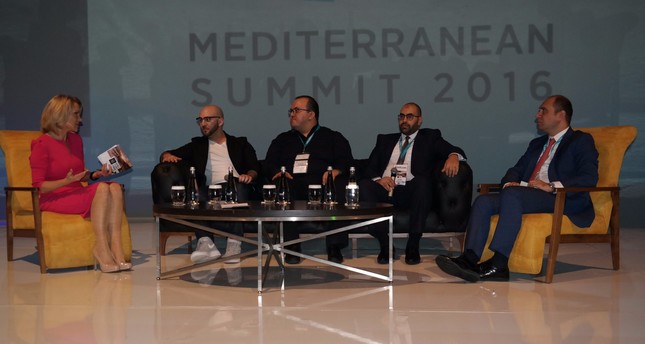K. Madera (L) of BBC World News moderates the “Multi-Channel Usage of Tourism” session in which W. Isbrucker (Booking), E. Çelik (Head of Sales Facebook), B. Badr (Attar Travel), & A. İşbulan (Gen. Manager TAV Op. Serv.) speak (from left to right).
