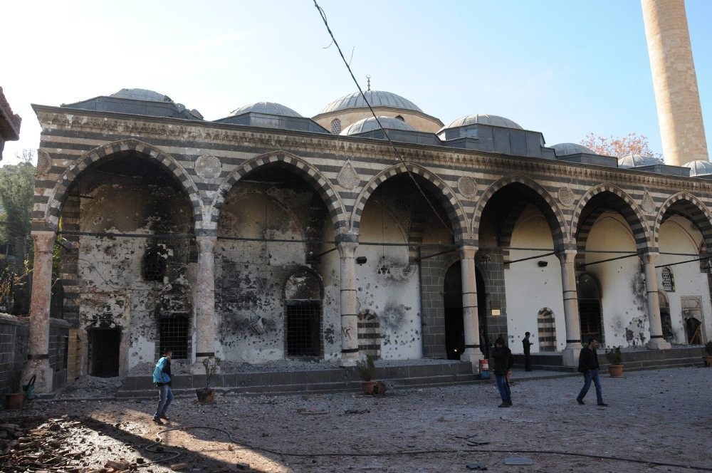 Fatih Pau015fa Mosque, also known as Kuru015funlu mosque for its lead-covered dome, is among the places of worship damaged in the PKK attacks.