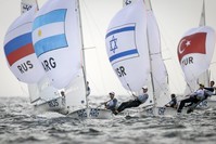 Argentinian 470 Laser class sailors Lucas Calabrese and Juan de la Fuente sail in front of Russian Israel and Turkish crews during the Rio 2016 Olympic Games Sailing events in Guanabara Bay, Rio de Janeiro.