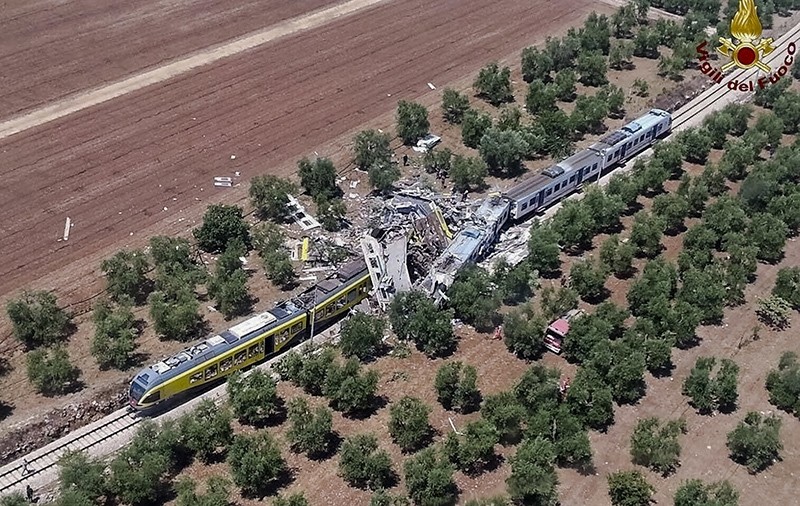 Au00e7u0131klama This aerial handout photo shows what is left of two commuters trains after their head-on collision in the southern region of Puglia, Tuesday, July 12, 2016 (AP Photo)