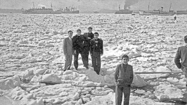 A group of young men standing on icy Bosporus on the Feb. 1954.
