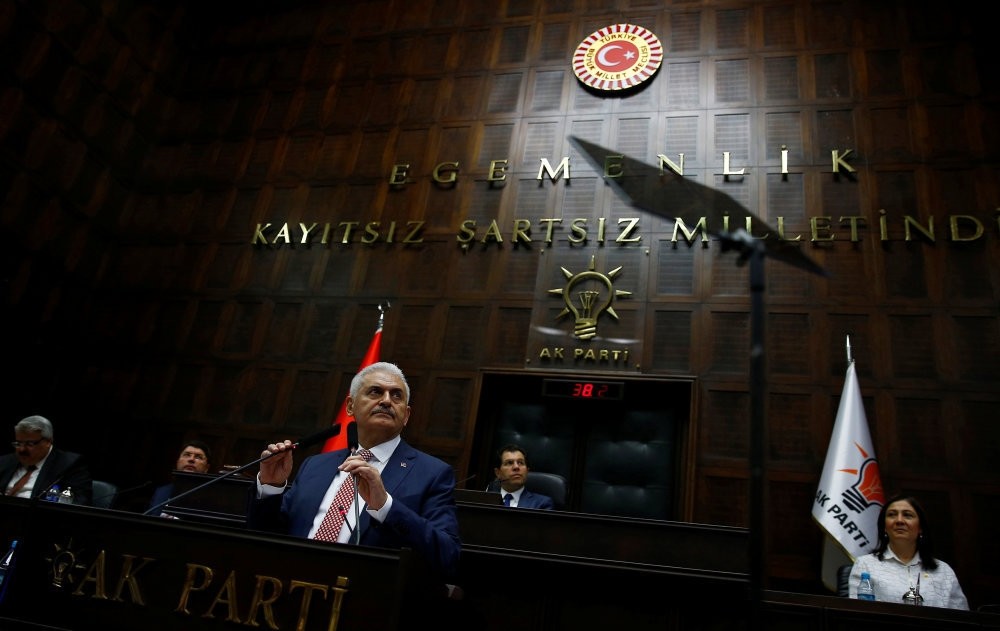 Turkey's new prime minister, Binali Yu0131ldu0131ru0131m, addressing ruling AK Party deputies at a meeting in Parliament in capital Ankara.