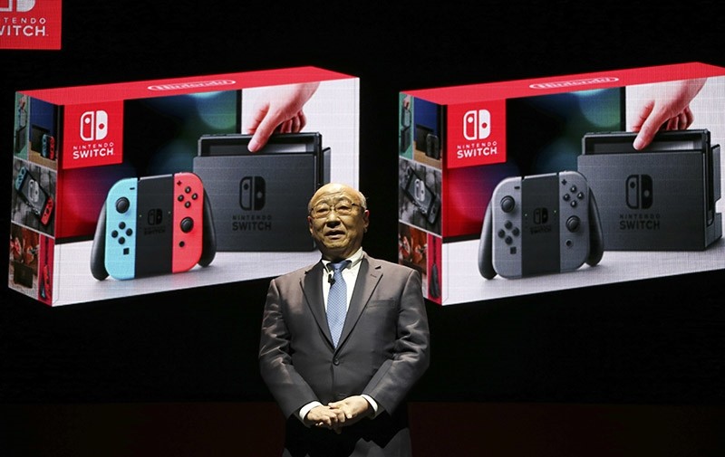 President of Nintendo Tatsumi Kimishima speaks during a presentation event of the new Nintendo Switch in Tokyo, Friday, Jan. 13, 2017. (AP Photo)