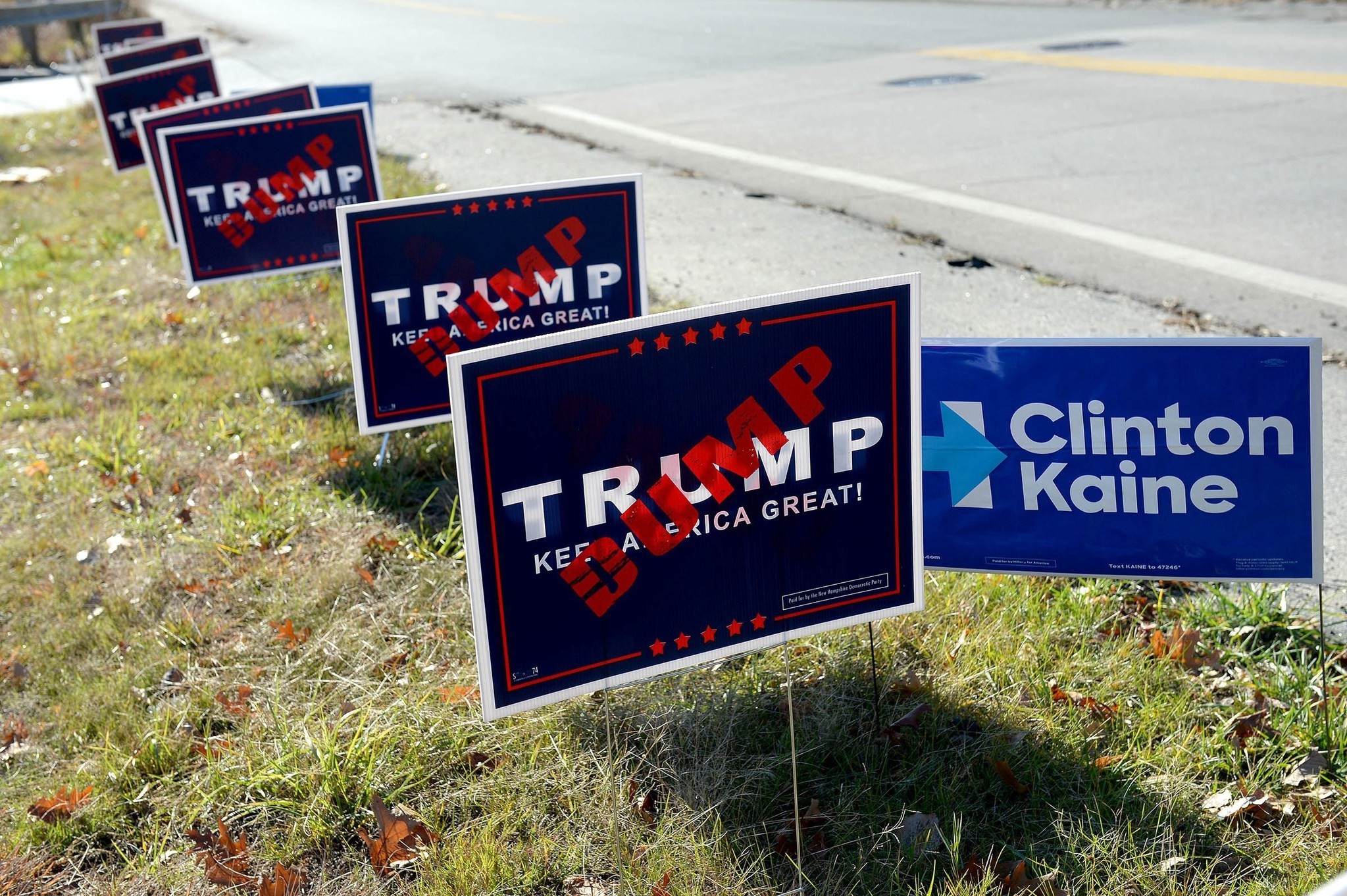  Dump Trump and Clinton/Kaine signs line a traffic circle on November 8, 2016 in North Manchester, New Hampshire. (AP Photo)