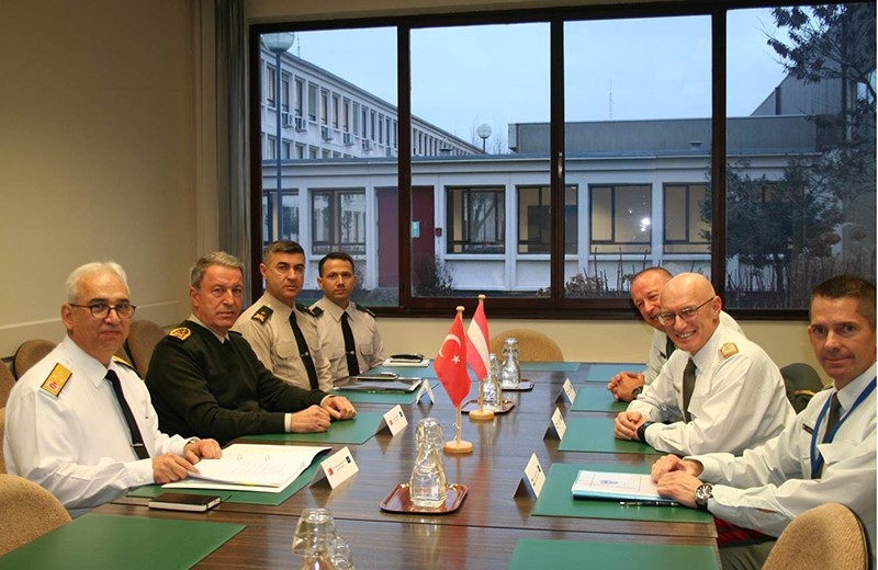 Chief of Staff Hulusi Akar (Second left) holding meeting with Austrian counterpart on the sidelines of a NATO conference in Brussels on Tuesday Jan. 17 (DHA Photo)