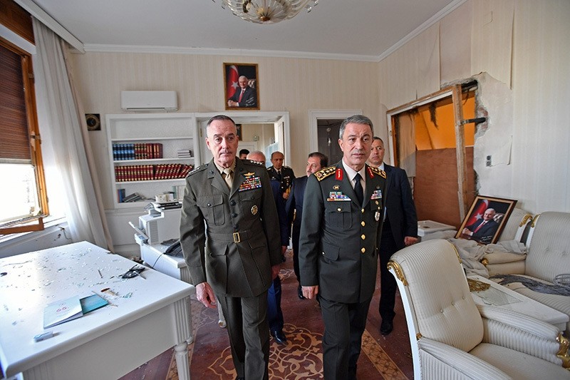 Dunford, along with his Turkish counterpart Akar, visit the damaged sections of Turkish Parliament bombed during the July 15 coup attempt, on Aug. 03 in Ankara. (AP Photo)