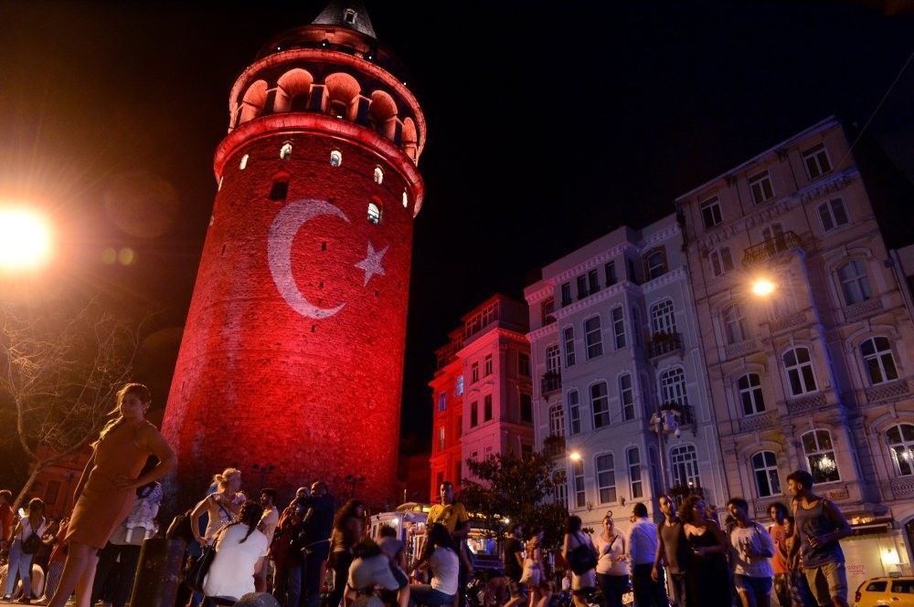 The monumental Galata Tower in Istanbulu2019s Galata neighborhood, a popular expat locations, lit up with the colors of the Turkish flag to protest the coup attempt.