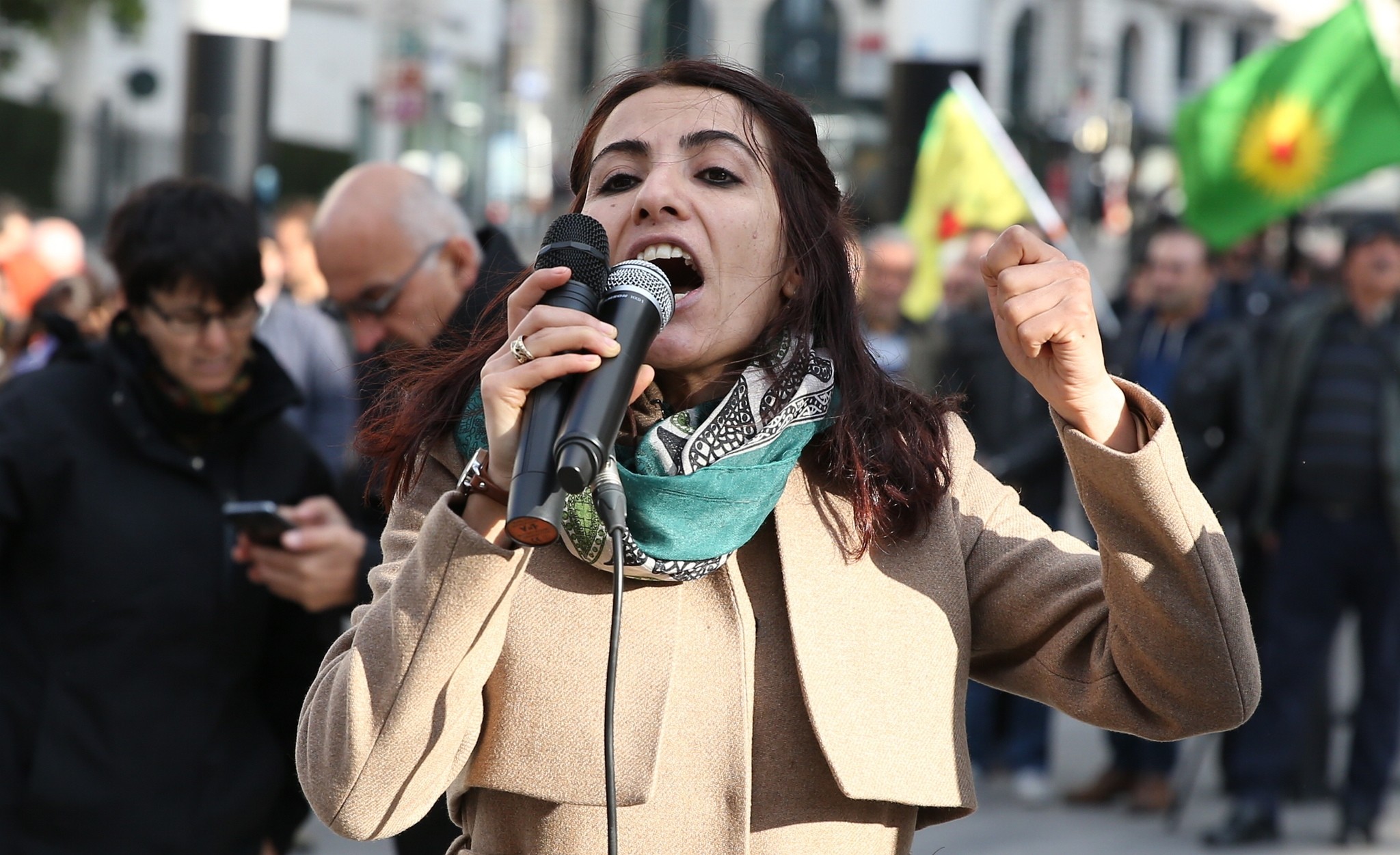 HDPu2019s Van Deputy Tuu011fba Hezer u00d6ztu00fcrk speaks at a pro-PKK protest in Belgiumu2019s capital Brussels on Saturday, November 5, 2016. (AA Photo)