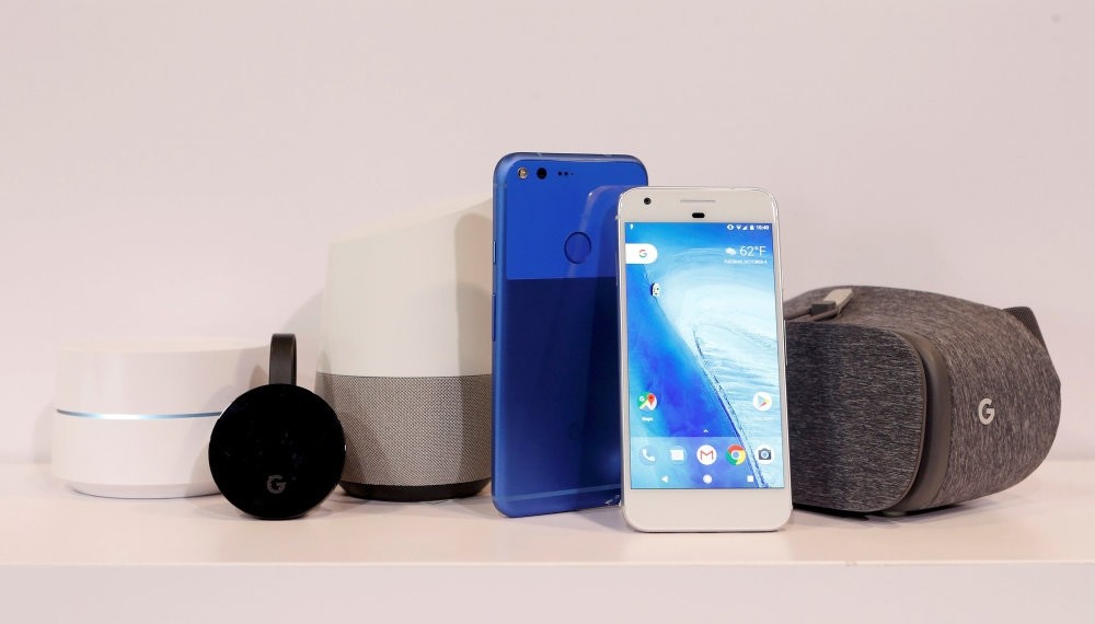 (L to R) Google Wifi, Google Chromecast Ultra, Google Home, Google Pixel XL, Google Pixel and Google Dreamview VR are displayed during the presentation of new Google hardware in San Francisco.