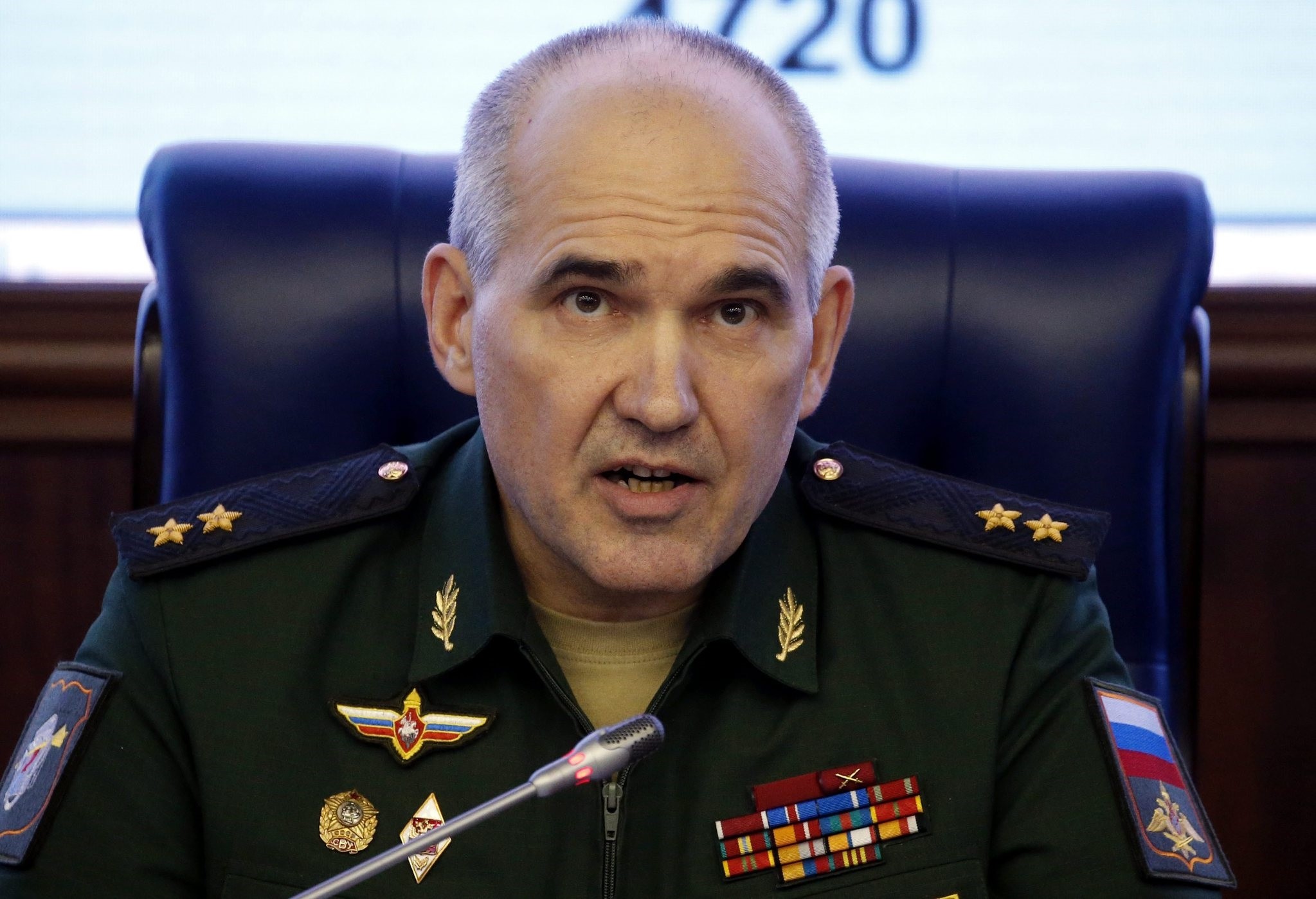 Chief of the Main Operational Directorate of the General Staff of the Russian Armed Forces, Lieut. Gen. Sergei Rudskoy talks to the media during a briefing on the fight against terrorism in Syria. (EPA Photo) 