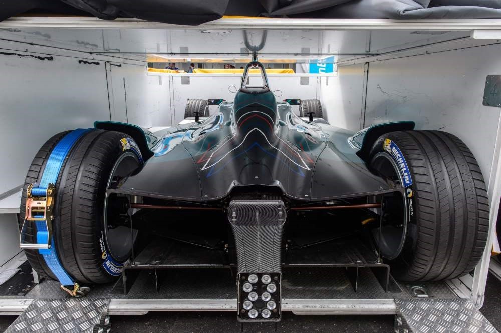 A NextEV car is seen in a transport container in the pit lane of the Formula Etrack in Hong Kong.