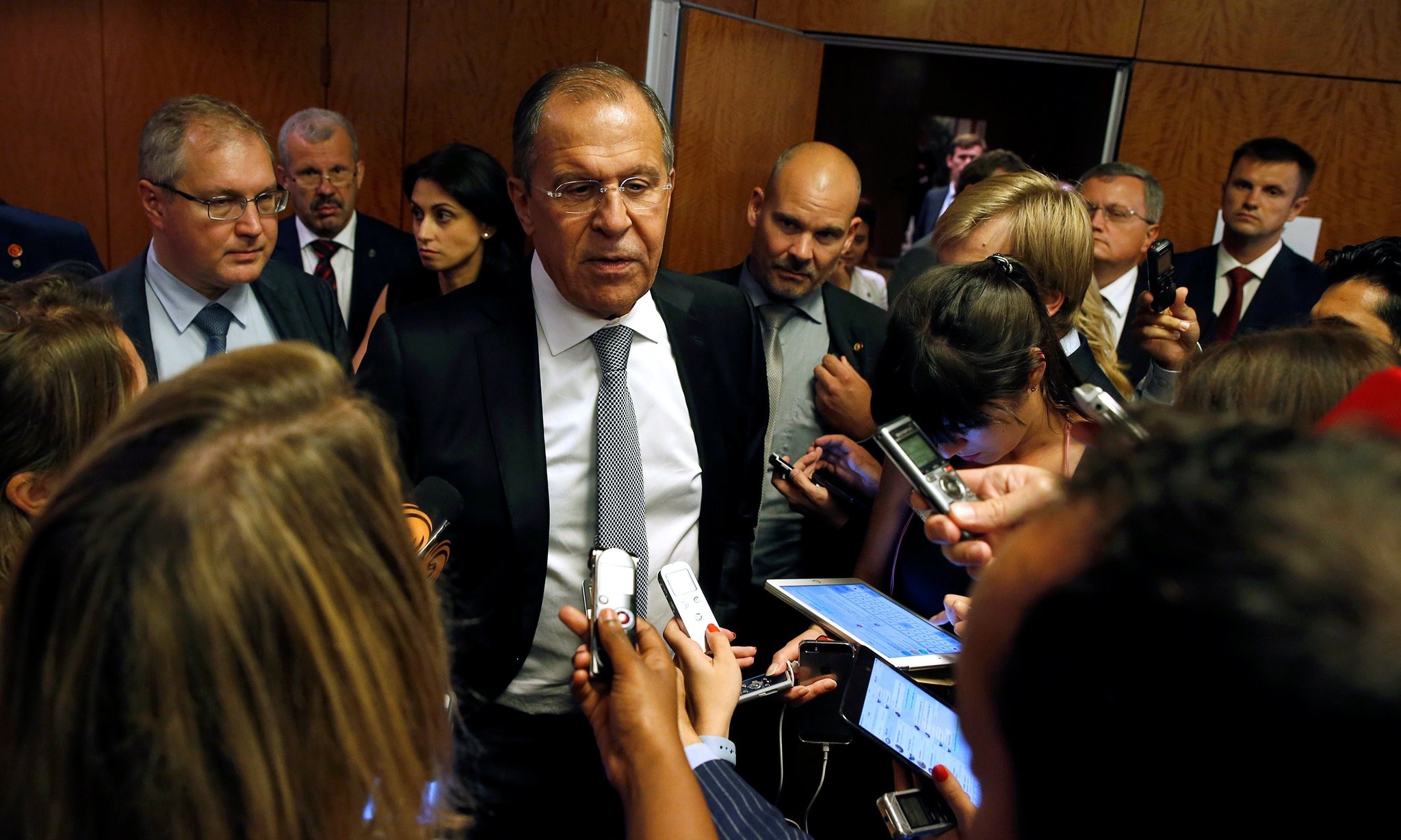 Russian Foreign Minister Sergei Lavrov speaks to reporters during a break in his meeting with U.S. Secretary of State John Kerry in Geneva, Switzerland . (Reuters Photo)