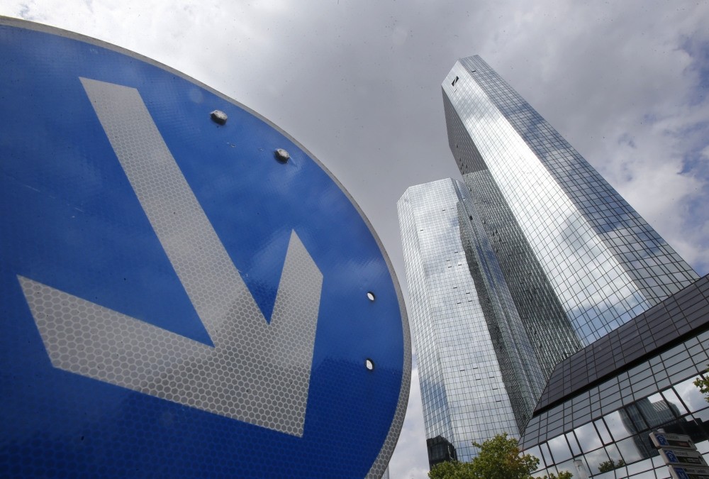 The headquarters of Deutsche Bank is photographed in Frankfurt.