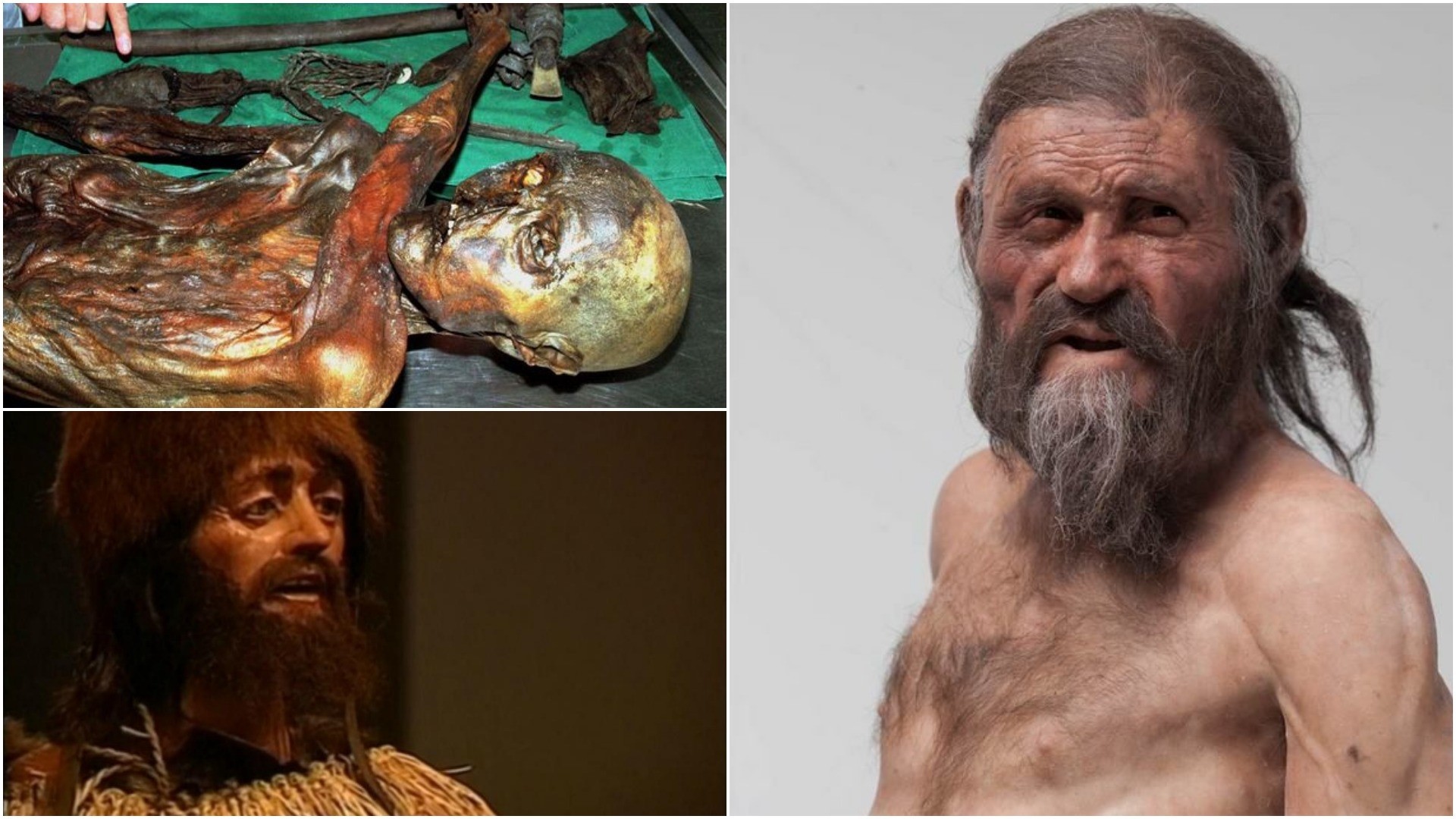 Combination of images shows the 5,300-year-old well-preserved mummified body of Otzi and reconstructions of what he might have looked like. (FILE Photos)