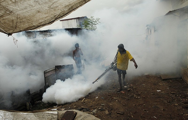 In this Oct. 26, 2011 file photo, a Sri Lankan laborer fumigates buildings to control mosquitoes in Colombo, Sri Lanka. (AP Photo)