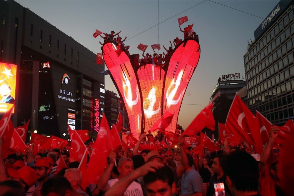 People wait for President Erdou011fan at Kizilay Square in Ankara during a demonstration in support to the government following the failed coup attempt, July 17.