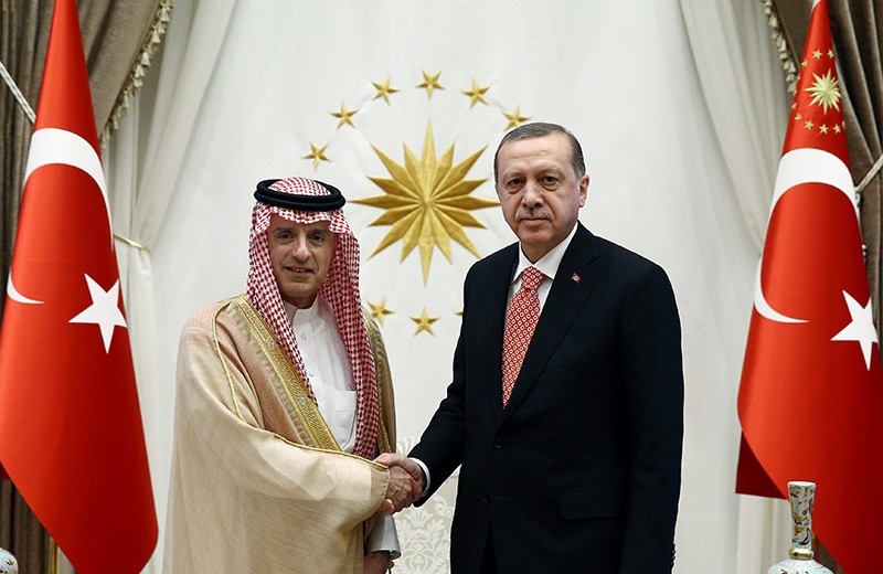 President Recep Tayyip Erdou011fan shakes hands with Foreign Minister of Saudi Arabia Adel al-Jubeir prior to their meeting in Ankara, Turkey, Thursday, Sept. 8, 2016 (AP Photo)