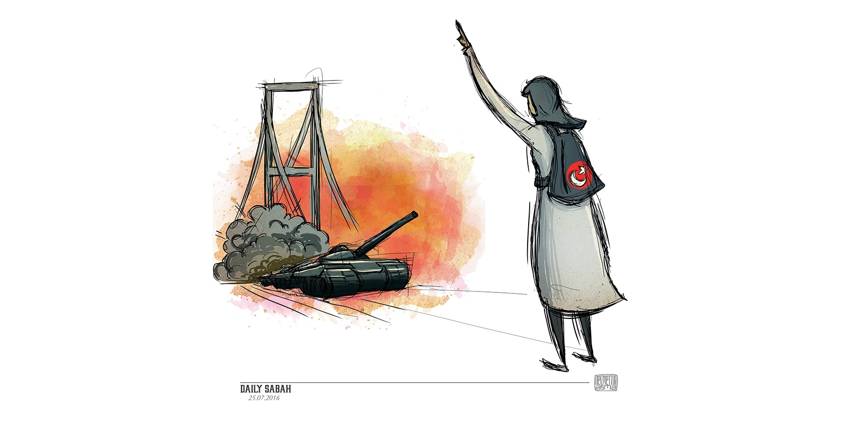 Safiye Bayat stood up against the Gu00fclenist coup plotters on Istanbul's Bosporus Bridge on July 15 and was injured by their shootings. (Illustration by Necmettin Asma - twitter.com/necmettinasma)