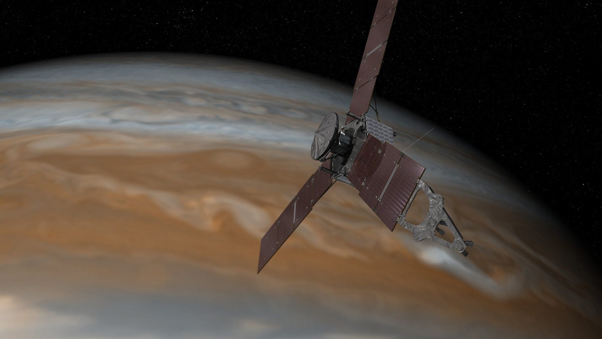 This artist's rendering provided by NASA and JPL-Caltech shows the Juno spacecraft above the planet Jupiter. (AP PHOTO)