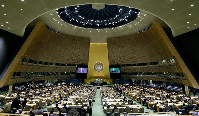 This Sept. 29, 2014 file photo shows the 69th session of the United Nations General Assembly taking place at U.N. headquarters. (AP Photo)