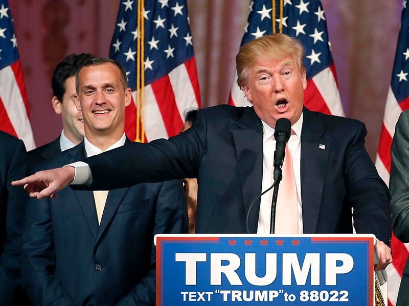 This file photo taken on March 15, 2016 shows Republican presidential candidate Donald Trump with his campaign manager Corey Lewandowski(L)  (AFP Photo)