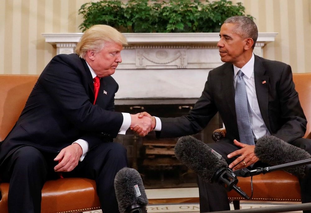 The U.S. President Donald Trump and former president Barack Obama shake hands following their meeting in the Oval Office of the White House in Washington on Nov. 10 2016.