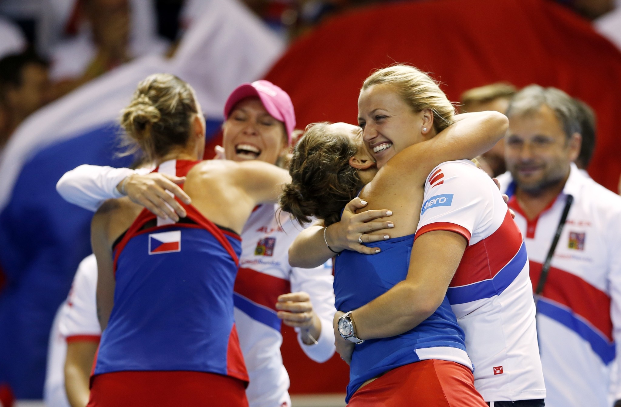 Czech Republic's players celebrate their victory over France during the Fed Cup final in Strasbourg, eastern France, Sunday, Nov. 13, 2016.  (AP Photo)