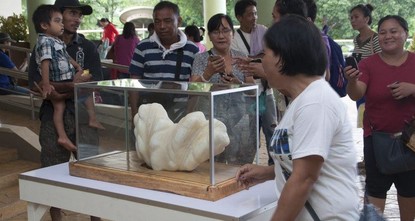An undated handout picture made available by the Puerto Princesa City-Public Information Office on 24 August 2016 shows Filipino villagers viewing a giant pearl on display at the Puerto Princesa City Hall. (EPA Photo)