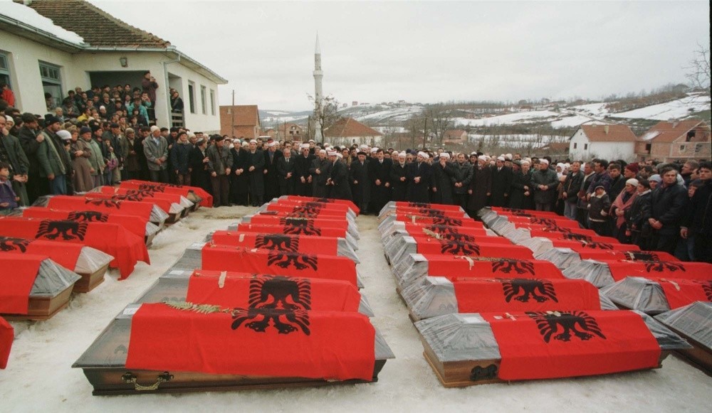 The coffins of 40 ethnic Albanians in the village of Racak before a funeral during the Kosovo War of 1998 u2013 1999.