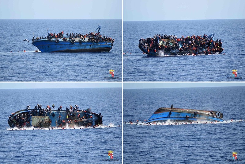 This combination of handout pictures released on May 25, 2016 by the Italian Navy (Marina Militare) shows the shipwreck of an overcrowded boat of migrants off the Libyan coast today. (AFP Photo)