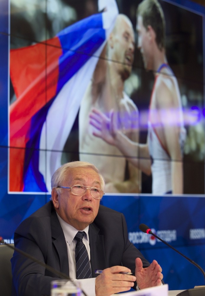 President of the Russian Paralympic Committee Vladimir Lukin listens to a question during a news conference in Moscow, Tuesday.