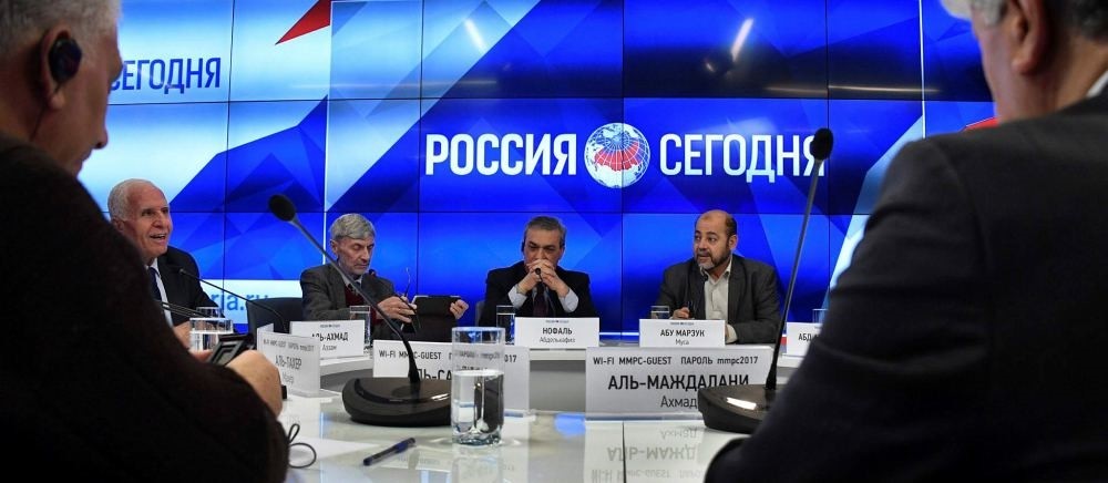 Officials from Fatah movement and Hamas give a press conference in Moscow on Jan. 17.