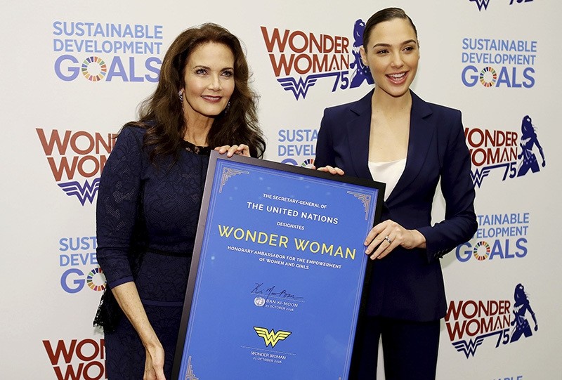 In this image released by Starpix, actress Lynda Carter, who starred in the 1970s series,,Wonder Woman,, left, and actress Gal Gadot (AP Photo)