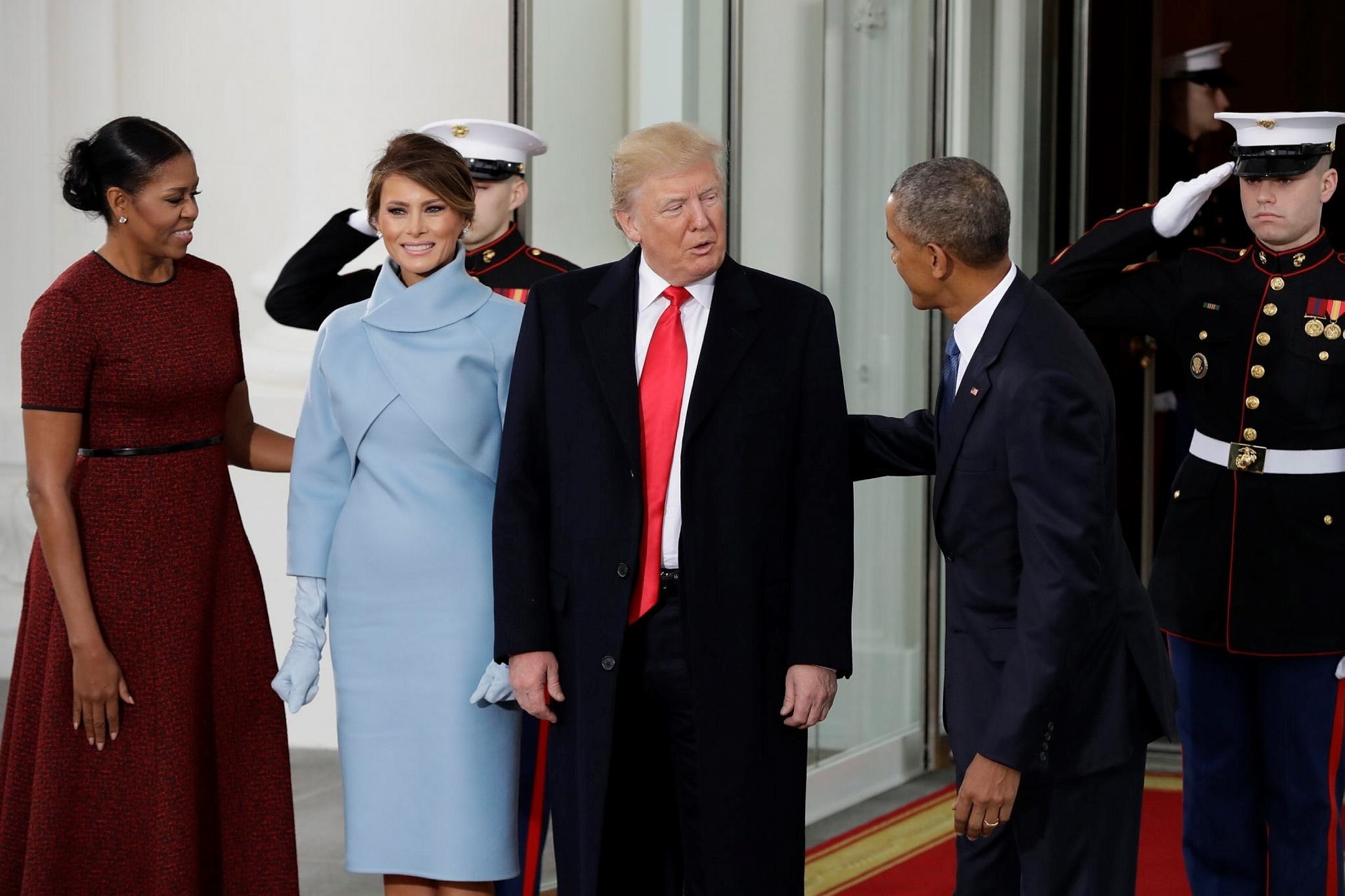 President Barack Obama and first lady Michelle Obama greet President-elect Donald Trump and his wife Melania at the White House in Washington, Friday, Jan. 20, 2017. (AP Photo)
