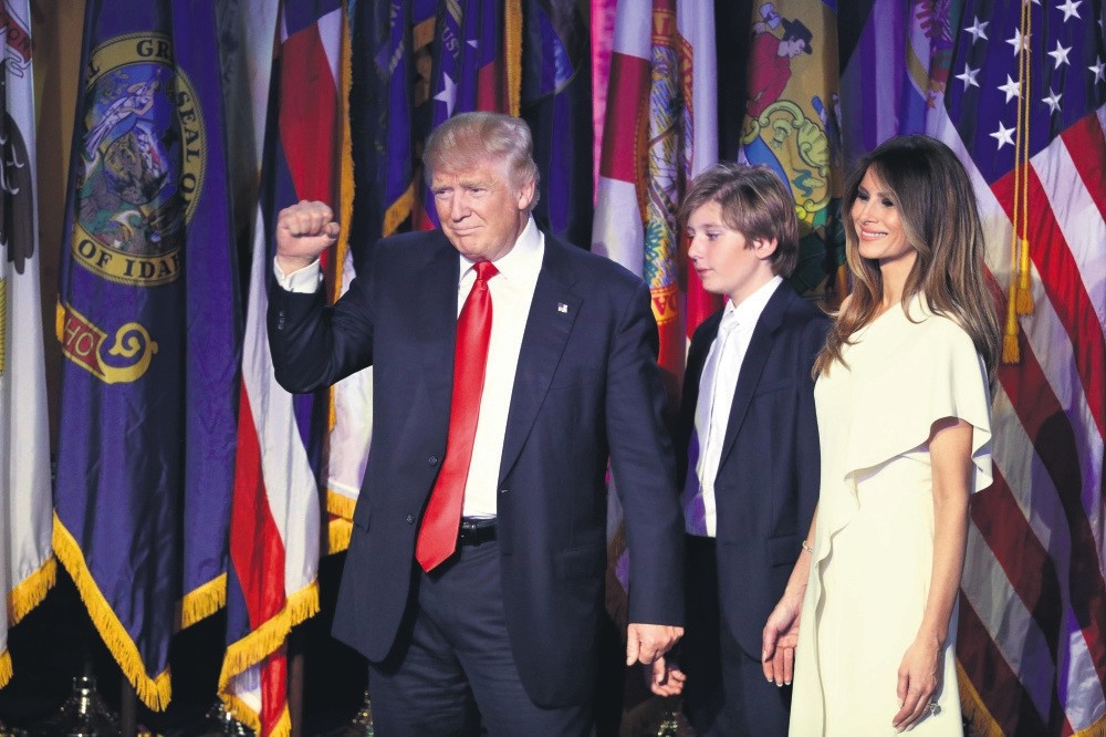 President-elect Donald Trump at his acceptance speech with his wife Melania Trump, right, and their son Barron Trump.
