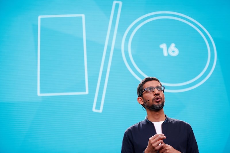 Google CEO Sundar Pichai delivers his keynote address during the Google I/O 2016 developers conference in Mountain View, California. (Reuters Photo)