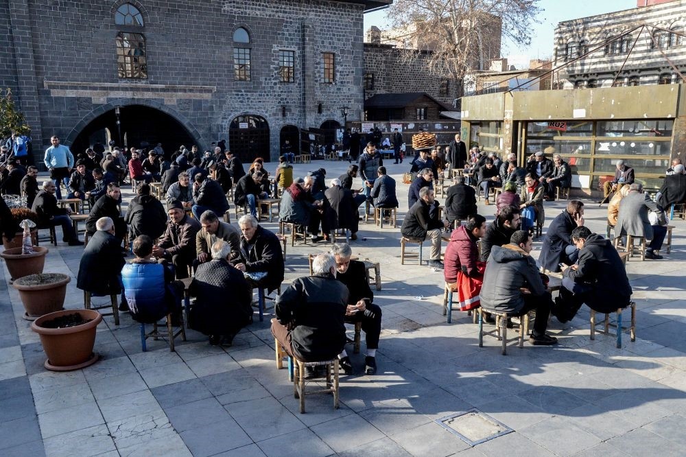 People sit at an outdoor tea house near Ulu Mosque in Diyarbaku0131r's historic Sur district on Jan. 11.