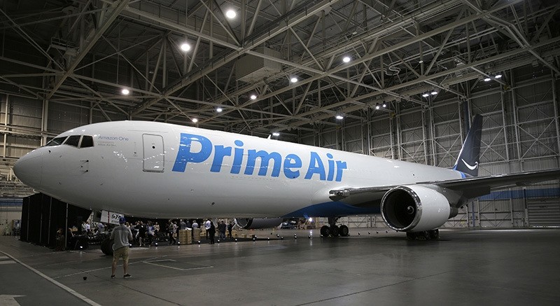A Boeing 767, an Amazon.com ,Prime Air, cargo plane is parked on display Thursday, Aug. 4, 2016, in a Boeing hangar in Seattle. (AP Photo)