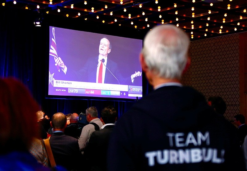 A supporter of Australian PM Malcolm Turnbull watches as Labor Party leader Bill Shorten speaks on a television screen during an official function for the Liberal Party during the Australian general election in Sydney, July 2, 2016. (Reuters Photo)