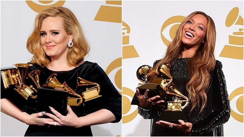 Photo combination shows Adele (L) and Beyonce at Grammy Awards. (FILE Photos)