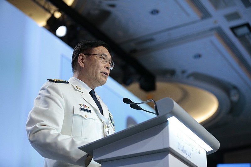 Admiral Sun Jianguo, Deputy Chief of Staff of China, delivers his speech during the fourth plenary session of the International Institute for Strategic Studies (IISS) 15th Asia Security Summit. (EPA Photo)