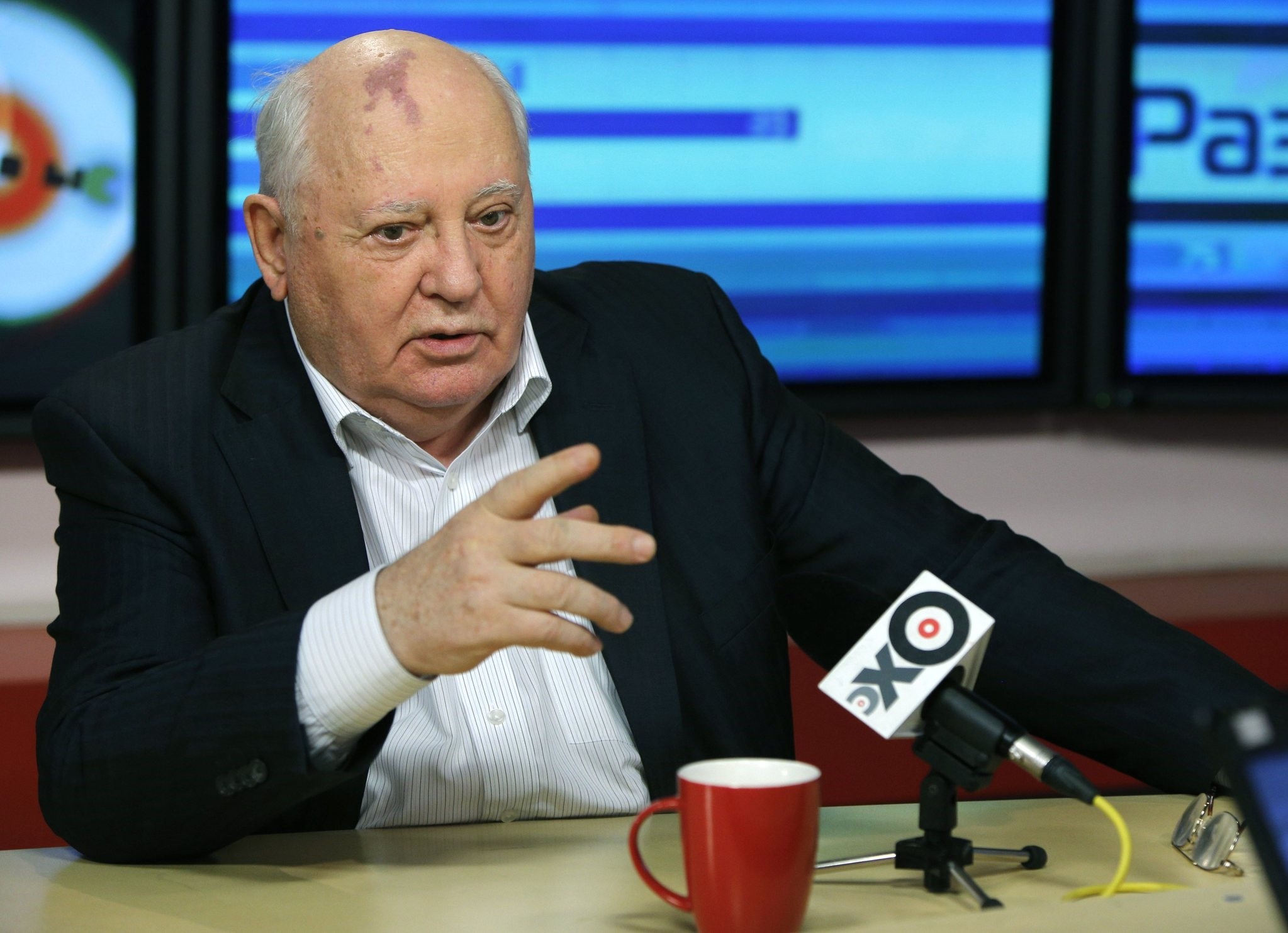 In this photo taken late Monday, Nov. 12, 2012, former President of the Soviet Union Mikhail Gorbachev speaks to journalists on Ekho Moskvy radio in Moscow, Russia.  (AP Photo)