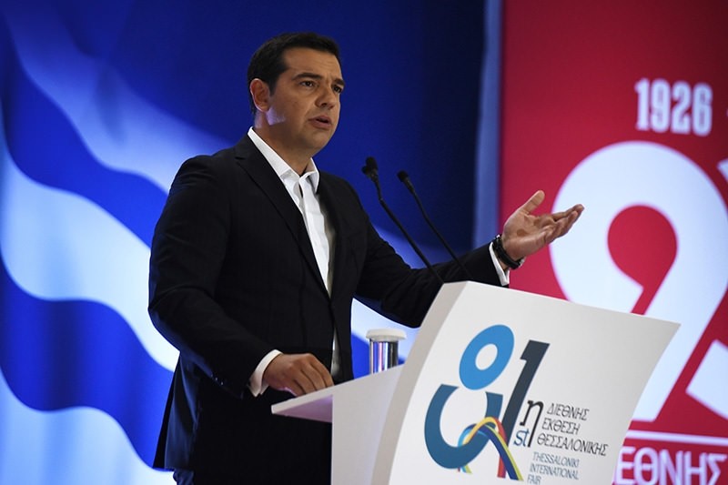 Greek Prime Minister Alexis Tsipras speaks at the 81th Thessaloniki International Trade Fair in the northern port city of Thessaloniki on Saturday, Sept. 10, 2016. (AP Photo)