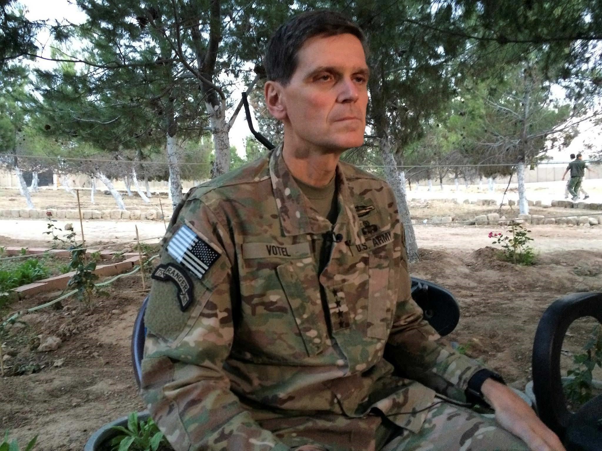 Army Gen. Joseph Votel speaks to reporters Saturday, May 21, 2016 during a secret trip to Syria. (AP Photo)