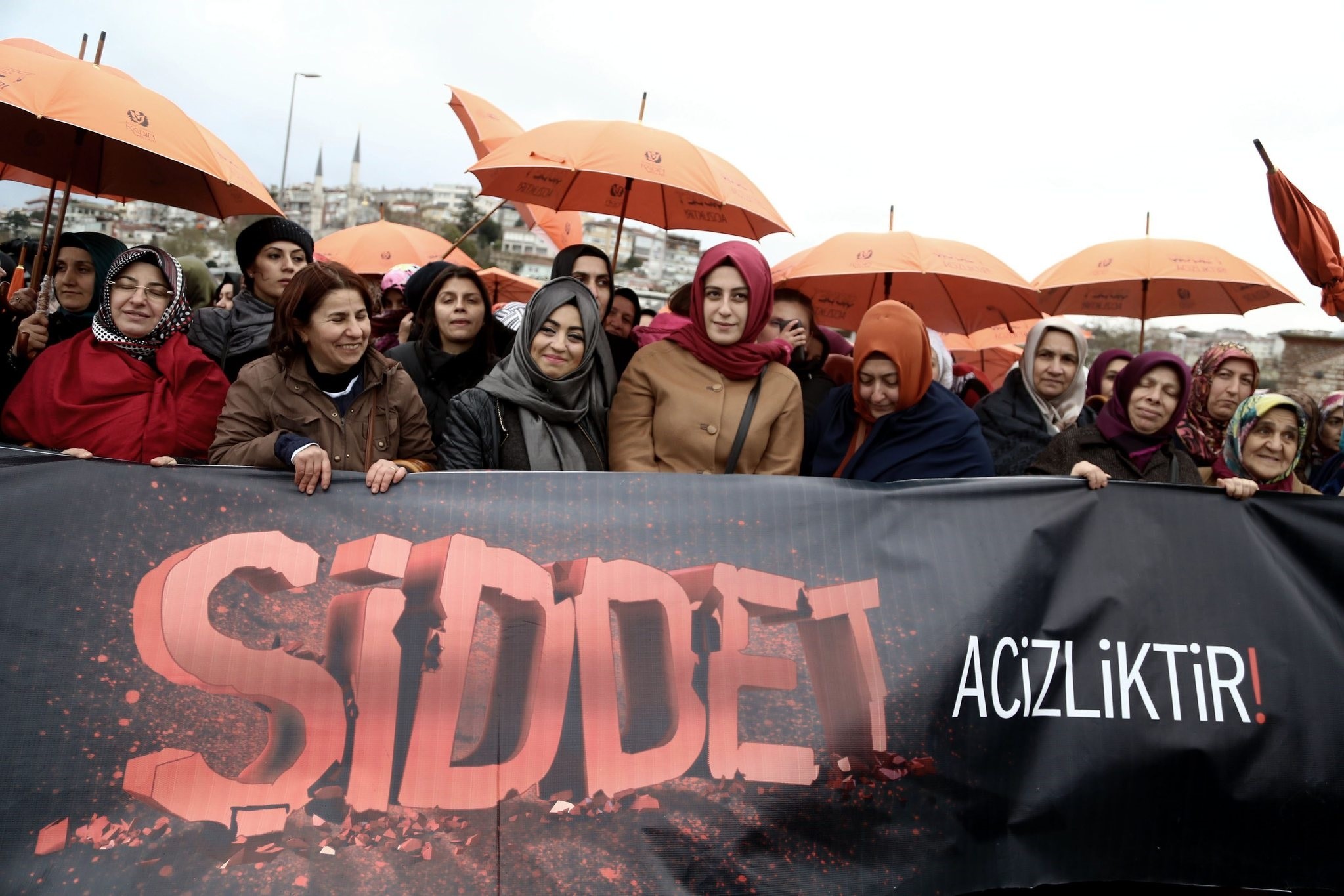 Female members of the AK Party hold a demonstration in u00dcsku00fcdar, Istanbul against violence. The placard says, u201cViolence is weakness.u201d 