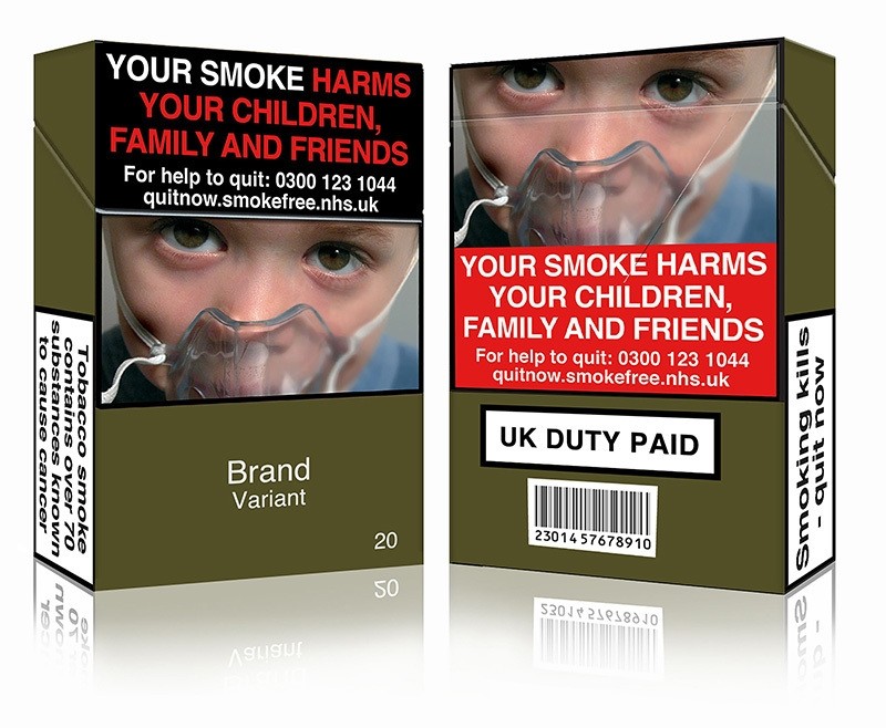 An undated handout image released by Action on Smoking and Health (UK) (ASH (UK)) in London on May 19, 2016 shows a mock-up design of a standardized cigarette pack. (AFP Photo)