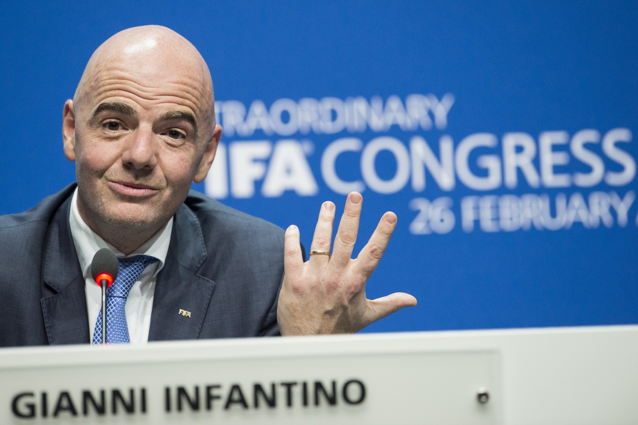 In this Feb. 26, 2016 file photo Swiss Gianni Infantino, then new FIFA President, smiles during the press conference after being elected, at the Extraordinary FIFA Congress 2016 in Zurich, Switzerland. (AP Photo)